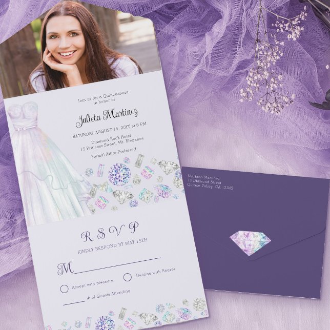 Diamond Princess Lila Quinceanera mit UAWG All In One Einladung (Diamond Princess Quinceanera invitation with your custom photo and tear away rsvp)