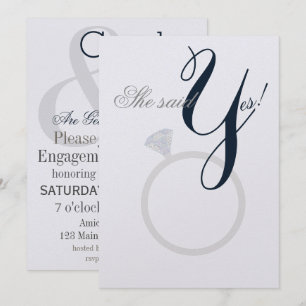 Diamond Ring Sie sagte Ja Navy und Grau Party Card Einladung