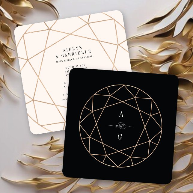 Diamond Rose Gold Gemstone Geometric Stylish Chic Quadratische Visitenkarte (Double Monograms Diamond Rose Gold Gemstone Geometric Stylish Chic Square Business Card @ fatfatin)