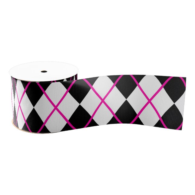 Diamond Shape Argyle Print Black Pink Ribbon Ripsband (Spule)