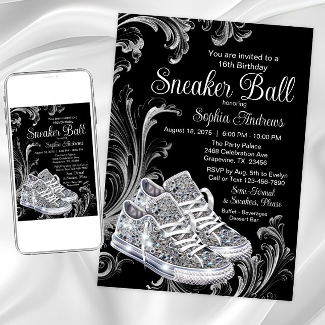 Diamond Sneaker Ball Geburtstagsparty Einladung (Black white diamond sneakers sneaker ball invitation. Available for Instant download and print.)
