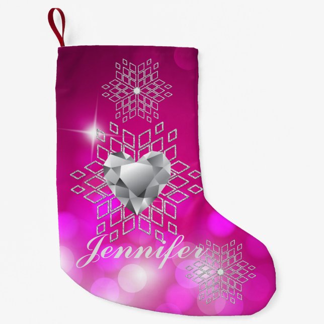Diamond Snowflakes & Herz Fuschia Bokeh Kleiner Weihnachtsstrumpf (Vorderseite)