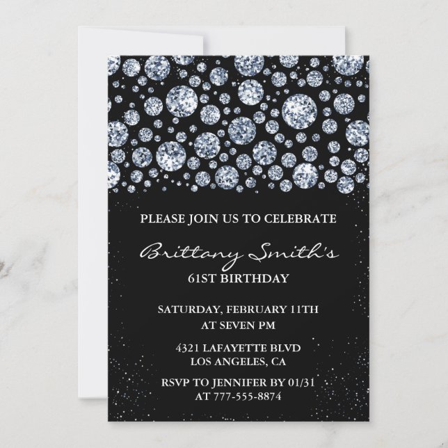 Diamond Sparkle Glitzer Black 61. Geburtstag Einladung (Vorderseite)