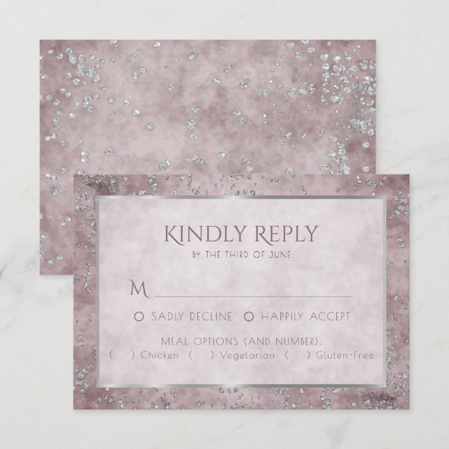 Diamond Sparkle | Mauve und Silver Glitzer Entree RSVP Karte (Vorne/Hinten)