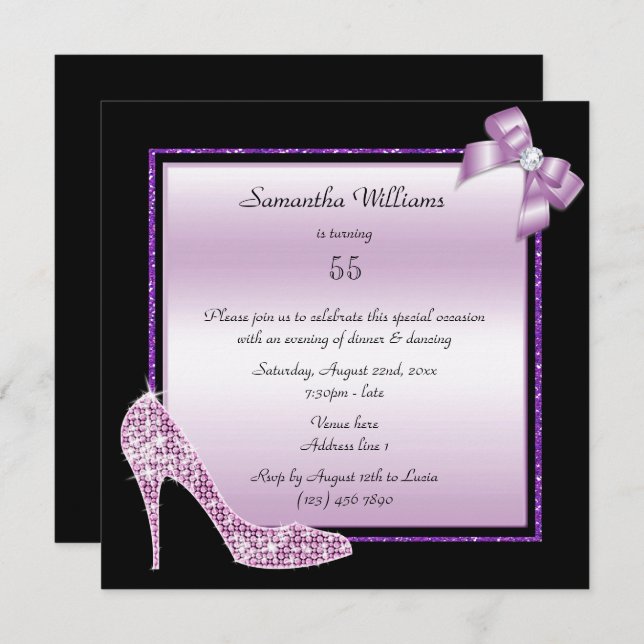 Diamond Stiletto & Romantic Bow Birthday Einladung (Vorne/Hinten)