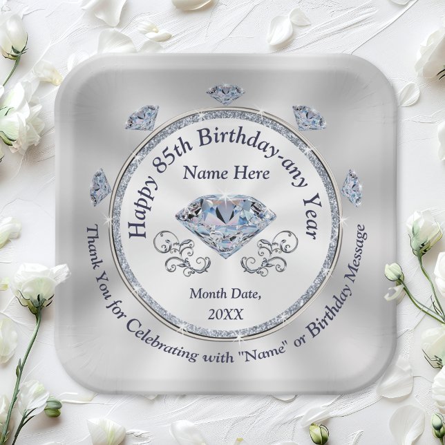 Diamond themed, 85th Birthday Plates, Personalized Pappteller (85th birthday plates. Diamond paper plates in 2 sizes and 2 shapes. 85th birthday party ideas, mom.)