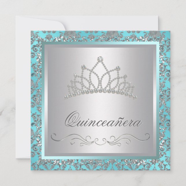 Diamond Tiara Aquamarin Blue Damask Aquamarin Blue Einladung (Vorderseite)