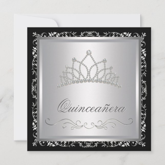 Diamond Tiara Black Damask Quinceanera Einladung (Vorderseite)