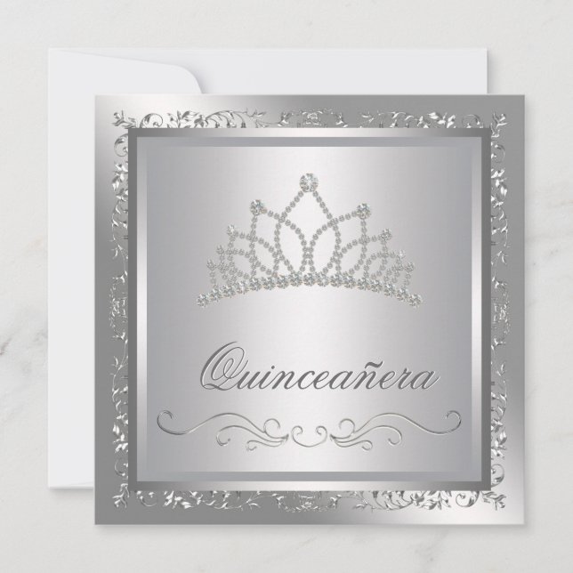 Diamond Tiara Elegant Silver Damask Quinceanera Einladung (Vorderseite)