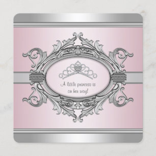 Diamond Tiara Gray Pink Princess Baby Girl Dusche Einladung