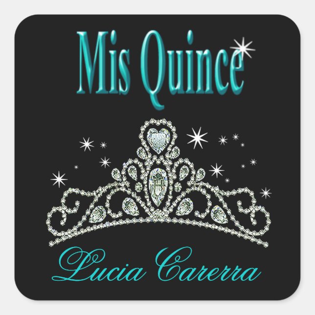 Diamond Tiara Quinceañera (schwarz/aqua) Party Quadratischer Aufkleber (Vorderseite)
