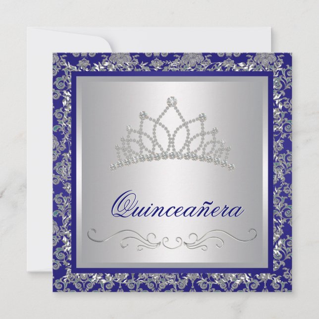 Diamond Tiara Royal Navy Blue Quinceanera Einladung (Vorderseite)