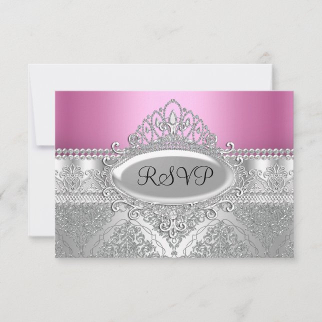 Diamond Tiara & Silver Damask Pink UAWG RSVP Karte (Vorderseite)