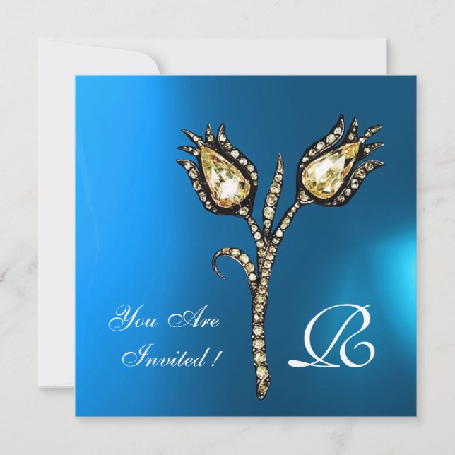 DIAMOND TULIPS MONOGRAM , Blue Saphir Einladung (Vorderseite)