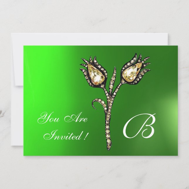 DIAMOND TULIPS MONOGRAM ,Green Emerald Einladung (Vorderseite)