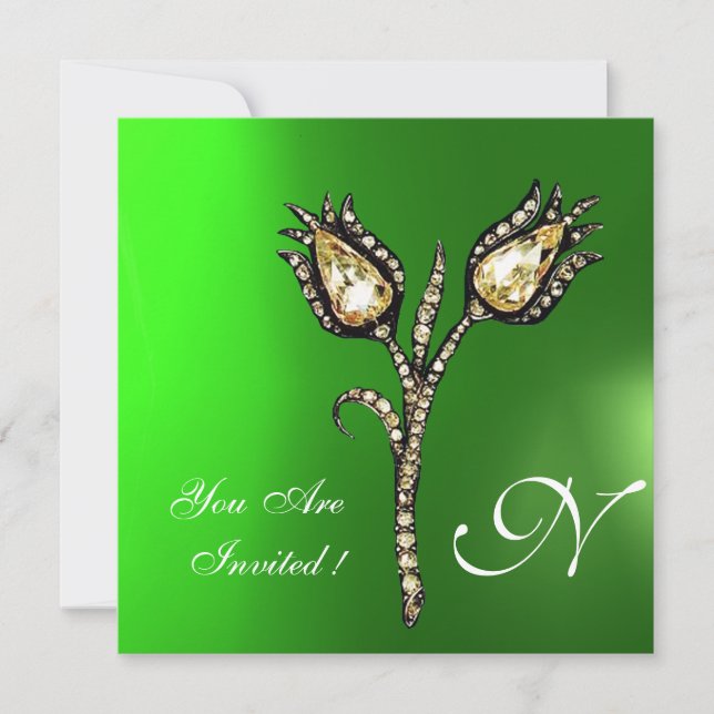 DIAMOND TULIPS MONOGRAM ,Green Emerald Einladung (Vorderseite)