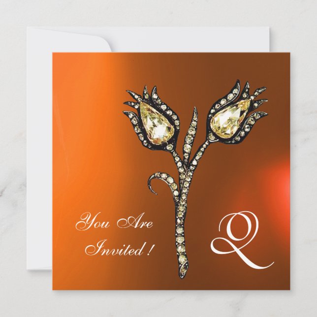 DIAMOND TULIPS MONOGRAM, Orange Gray Agate Einladung (Vorderseite)