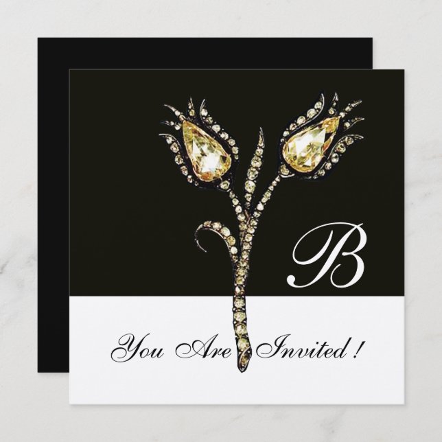 DIAMOND TULIPS MONOGRAM, Silbermetall Einladung (Vorne/Hinten)