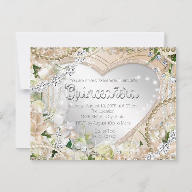 Diamond und Pearl White Rose Quinceanera Einladung (Vorderseite)