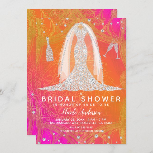 Diamond Wedding Dress Indian Bright Brautparty Einladung (Vorne/Hinten)