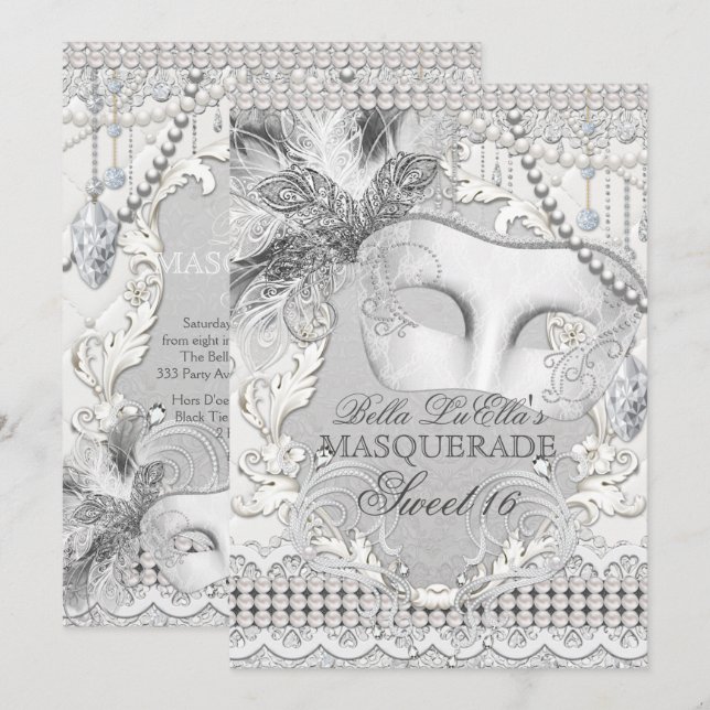 Diamond White Pearl Masquerade Einladung (Vorne/Hinten)