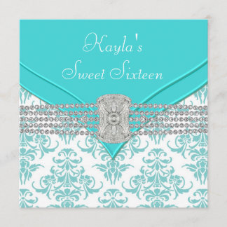 Diamonds Aquamarin Blue Damask 16 . Geburtstag Geb Einladung