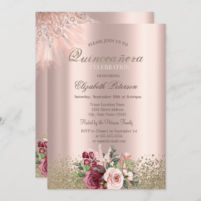 Diamonds Blume Rose Gold Quinceañera Einladung (Vorne/Hinten)