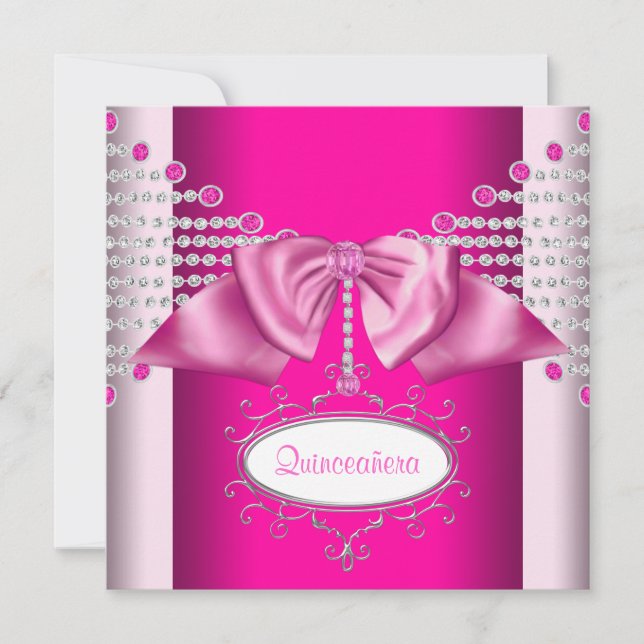 Diamonds Bow Hot Pink Quinceanera Einladung (Vorderseite)