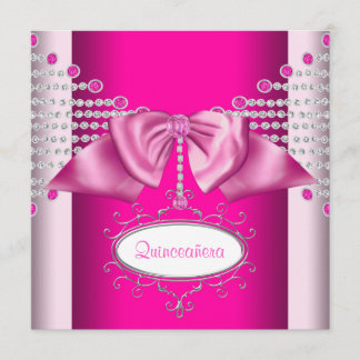 Diamonds Bow Hot Pink Quinceanera Einladung