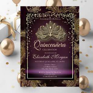 Diamonds Burgundy Floral Damask Quinceañera Einladung