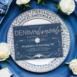Diamonds Denim Blühte Rahmen Klasse 30. Geburtstag Einladung