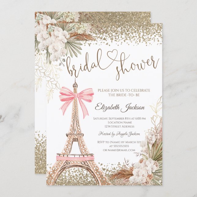  Diamonds Eiffel Tower Bow Flowers Bridal Shower  Einladung (Vorne/Hinten)