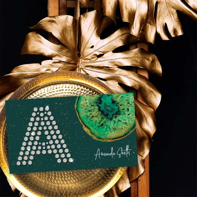 Diamonds Emerald Agate Initial A Letter Monogram Visitenkarte (Front)