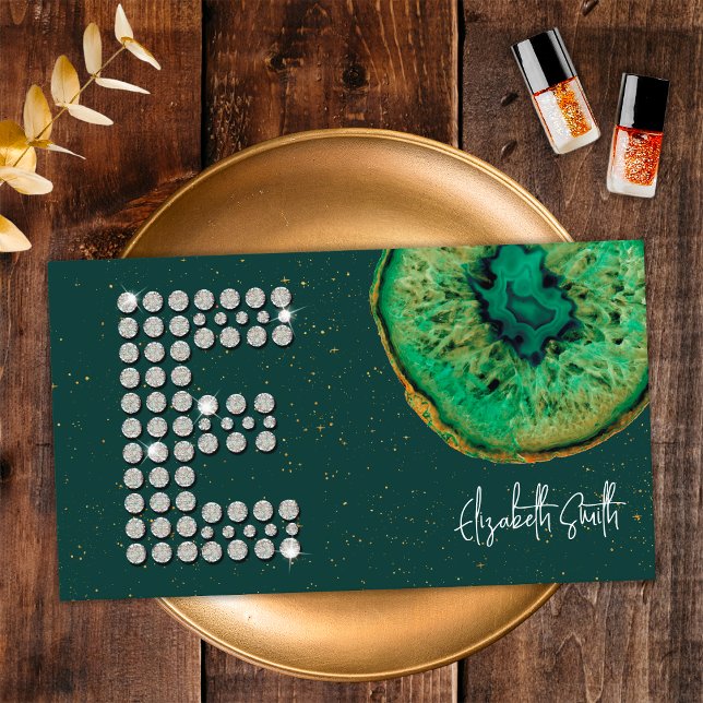 Diamonds Emerald Agate Initial E Letter Monogram Visitenkarte (Front)