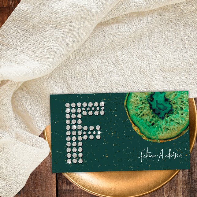 Diamonds Emerald Agate Initial F Letter Monogram Visitenkarte (Front)