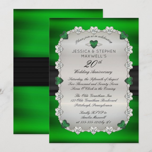 Diamonds Emeralds Green 20. Hochzeitstag Einladung (Vorne/Hinten)