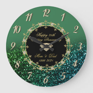 Diamonds Glitter Green 25th Wedding Anniversary Große Wanduhr