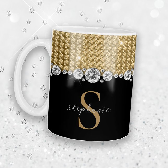 Diamonds Gold Black Elegany Shiny Monogram Custom Kaffeetasse (Diamonds Gold Black Elegant Shiny Monogram Custom Coffee Mug)