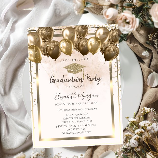 Diamonds Gold Grad Cap Balloons Cream Abschluss Einladung (Von Creator hochgeladen)