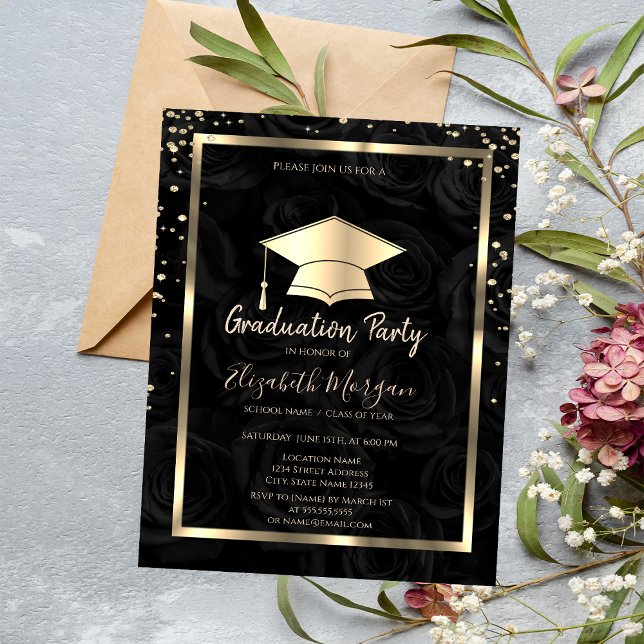 Diamonds Gold Grad Cap Black Rose Abschluss Einladung (Von Creator hochgeladen)