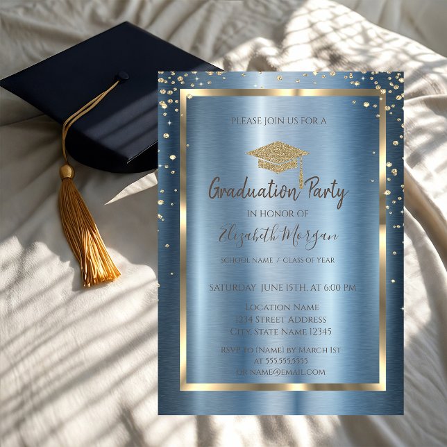 Diamonds Gold Grad Cap Blue Metallic Abschluss Einladung (Von Creator hochgeladen)