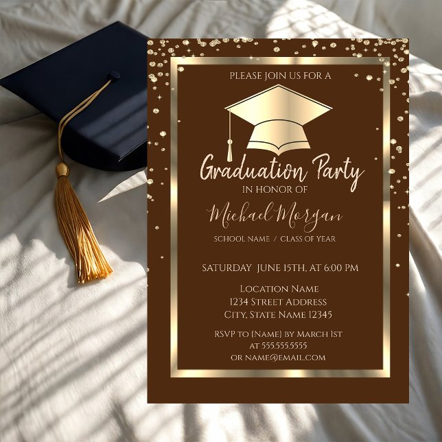 Diamonds Gold Grad Cap Brown Abschluss Einladung (Von Creator hochgeladen)