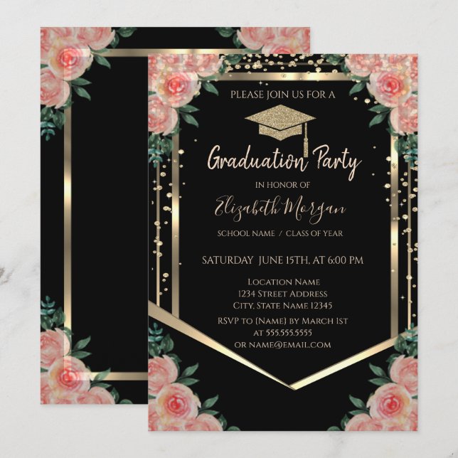 Diamonds Gold Graduation Cap Floral Abschluss Einladung (Vorne/Hinten)