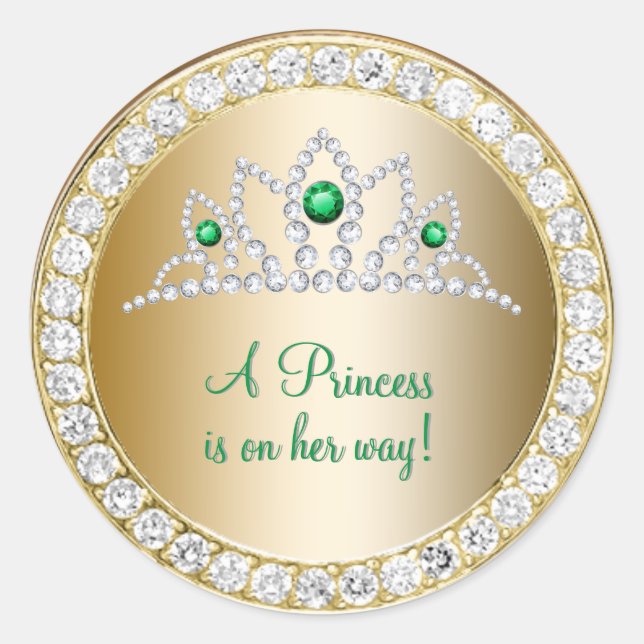 Diamonds Gold Princess Emerald Tiara Baby Shower Runder Aufkleber (Vorderseite)
