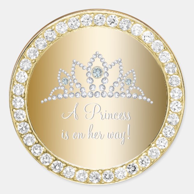 Diamonds Gold Princess Tiara Baby Dusche Gefallen Runder Aufkleber (Vorderseite)