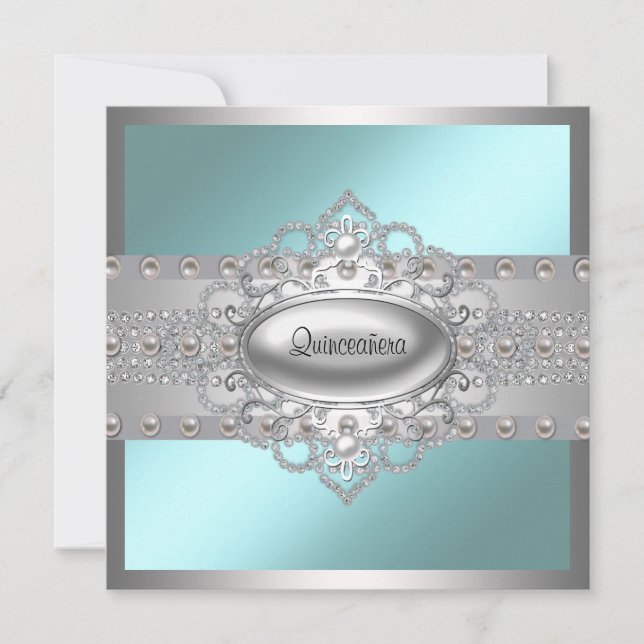Diamonds Pearls Aquamarin Blue Quinceanera Einladu Einladung (Vorderseite)