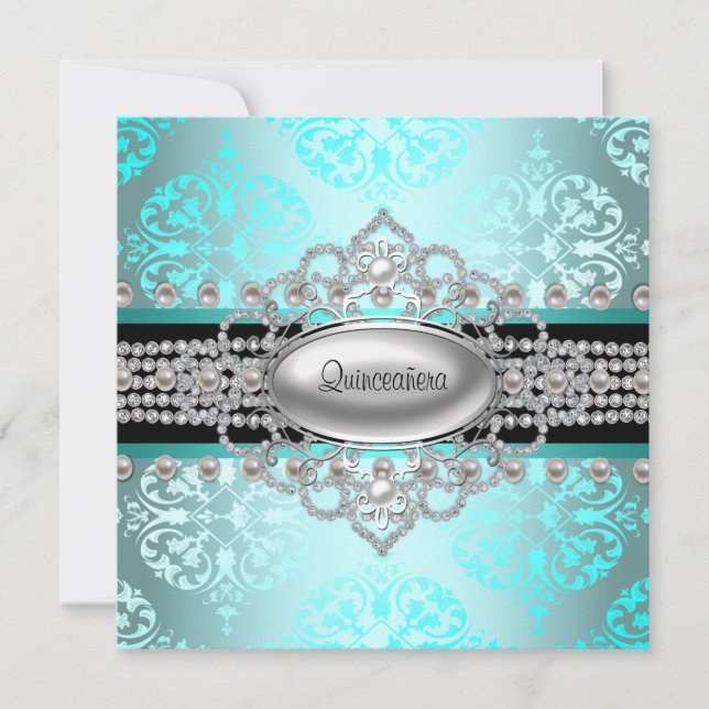 Diamonds Pearls Aquamarin Blue Quinceanera Einladung (Vorderseite)