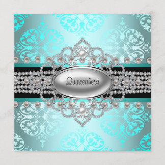 Diamonds Pearls Aquamarin Blue Quinceanera Einladung