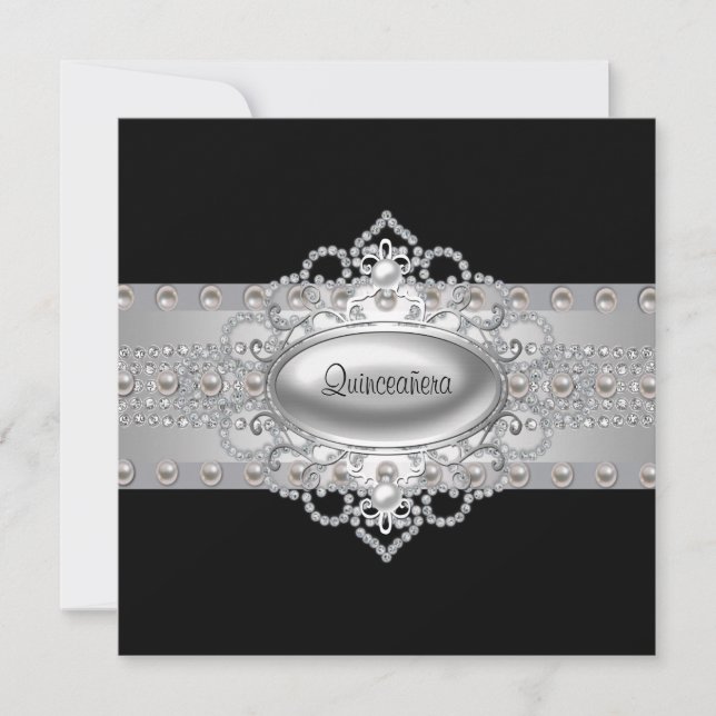 Diamonds Pearls Black Quinceanera Einladung (Vorderseite)