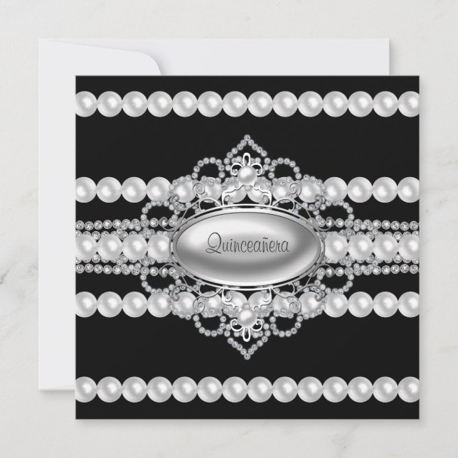 Diamonds Pearls Black Quinceanera Einladung (Vorderseite)